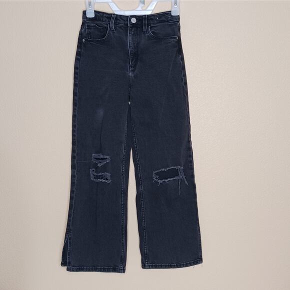 H&M Girls Wide High Waist Jeans Size 14 Black Faded Distressed Slit Denim - Picture 1 of 12